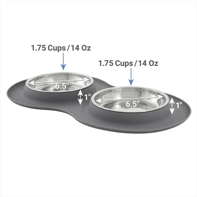 Frisco Double Stainless Steel Dog & Cat Bowl with Silicone Mat, Light Gray, 1.75 Cups 4 Frisco Double Stainless Steel Dog & Cat Bowl with Silicone Mat, Light Gray, 1.75 Cups - Image 2