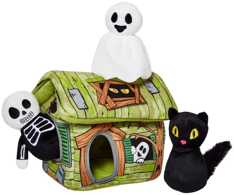 Frisco Halloween Haunted Shack Hide and Seek Puzzle Plush Squeaky Dog Toy 3 Frisco Halloween Haunted Shack Hide and Seek Puzzle Plush Squeaky Dog Toy