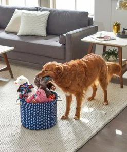 Frisco Round Collapsible Pet Toy Storage Bin, Navy Herringbone