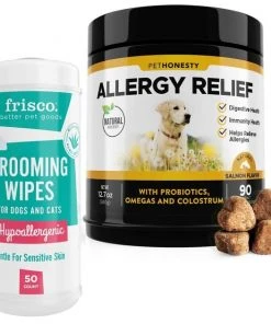 Frisco||PetHonesty Frisco Hypoallergenic Grooming Wipes with Organic Aloe for Dogs & Cats, Unscented & PetHonesty Allergy Relief Snacks Immunity Strength & Digestive Health Soft Chews Dog Supplement