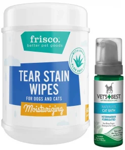 Frisco||Vet's Best Frisco Moisturizing Tear Stain Wipes with Organic Aloe for Dogs & Cats & Vet's Best Waterless Cat Bath, 4-oz bottle