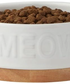 Frisco Round Meow Non-skid Ceramic Cat Bowl with Wood Base, 1.25 cups -Frisco Sales 2024 256078 PT3. SY630 V1615313181