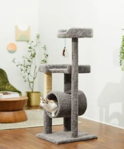 Frisco 54-in Real Carpet Cat Tree with Tunnel and Square Perches, Gray