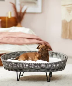 Frisco Elevated Rectangle Wicker Dog & Cat Bed with Eyelash Faux Fur Cushion