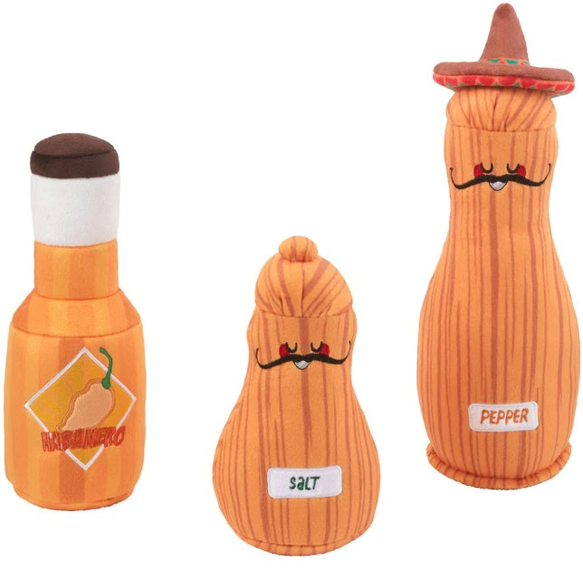 Frisco Brunch Salt, Pepper & Hot Sauce Plush Squeaky Dog Toy, 3 count 3 Frisco Brunch Salt, Pepper & Hot Sauce Plush Squeaky Dog Toy, 3 count