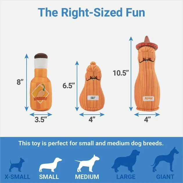 Frisco Brunch Salt, Pepper & Hot Sauce Plush Squeaky Dog Toy, 3 count 4 Frisco Brunch Salt, Pepper & Hot Sauce Plush Squeaky Dog Toy, 3 count - Image 2