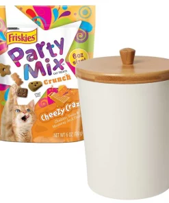 Friskies||Frisco Friskies Party Mix Crunch Cheezy Craze Cat Treats, 6-oz bag + Frisco Melamine Dog & Cat Treat Jar with Bamboo Lid, 8 Cups