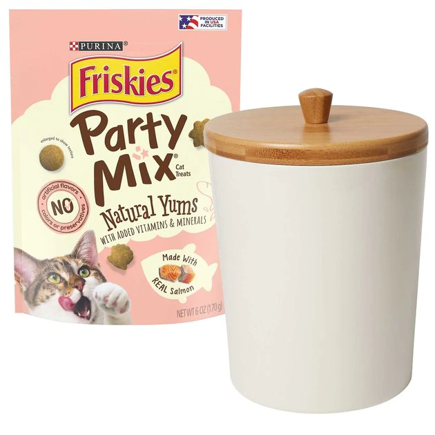 Friskies||Frisco Friskies Party Mix Natural Yums With Real Salmon Cat Treats, 6-oz pouch + Frisco Melamine Dog & Cat Treat Jar with Bamboo Lid, 8 Cups 3 Friskies||Frisco Friskies Party Mix Natural Yums With Real Salmon Cat Treats, 6-oz pouch + Frisco Melamine Dog & Cat Treat Jar with Bamboo Lid, 8 Cups