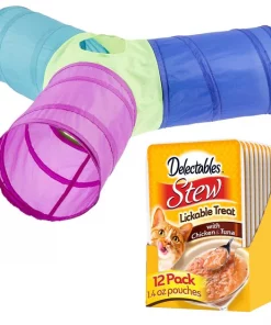Hartz||Frisco Hartz Delectables Stew Chicken & Tuna Lickable Cat Treat, 1.4-oz, case of 12 + Frisco Peek-a-Boo Cat Chute Cat Toy, Colorful Tri-Tunnel