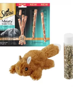 Sheba||Frisco Sheba Meaty Tender Sticks Tuna Flavored Cat Treats, 5 count + Frisco Refillable Catnip Cat Toy, Brown Squirrel
