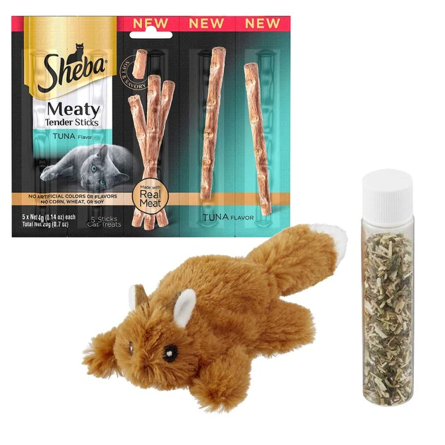 Sheba||Frisco Sheba Meaty Tender Sticks Tuna Flavored Cat Treats, 5 count + Frisco Refillable Catnip Cat Toy, Brown Squirrel 3 Sheba||Frisco Sheba Meaty Tender Sticks Tuna Flavored Cat Treats, 5 count + Frisco Refillable Catnip Cat Toy, Brown Squirrel