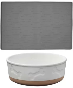 Frisco Silicone Food Mat, Gray, Large + Bones Non-skid Ceramic Dog Bowl