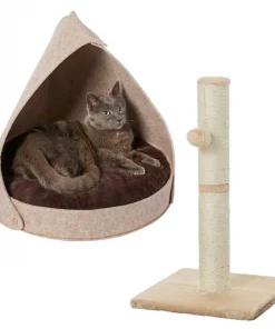 Frisco 21-in Sisal Scratching Post with Toy, Cream + Felt Removable Hood Cave Cat & Dog Covered Bed, Brown