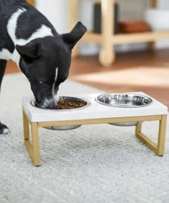 Frisco Plush Pouf Pillow Bed, Large + Marble Print Stainless Steel Double Elevated Dog Bowl, 3 Cups, Gold Stand -Frisco Sales 2024 303534 PT8. SY630 V1625176784