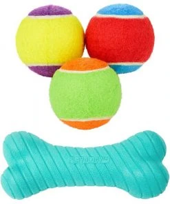 Frisco||Playology Frisco Fetch Squeaking Colorful Tennis Ball, 3-Pack + Playology All Natural Dual Layer Bone Dog Toy, Large, Peanut Butter Scented