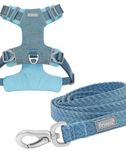 Frisco Outdoor Lightweight Ripstop Nylon Harness, River Blue, Extra Large, Neck: 22 to 34-in, Girth: 32 to 44-in + Heathered Dog Leash, River Blue, Large - Length: 6-ft, Width: 1-in