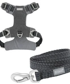 Frisco Outdoor Lightweight Ripstop Nylon Harness, Storm Gray, Extra Large, Neck: 22 to 34-in, Girth: 32 to 44-in + Heathered Dog Leash, Midnight Black, LG - Length: 6-ft, Width: 1-in