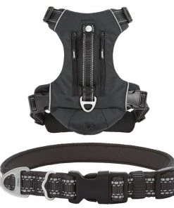 Frisco Outdoor Premium Ripstop Nylon Harness with Pocket, Midnight Black, XL - Girth: 32-44-in + Reflective Comfort Padded Dog Collar, Midnight Black, LG, Neck: 18 -26-in, Width: 1-in