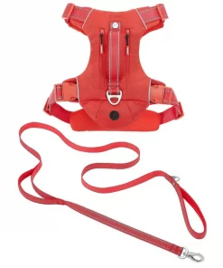 Frisco Outdoor Premium Ripstop Nylon Harness with Pocket, Sunset Orange, Medium, Neck: 15 to 23-in, Girth, 20 to 28-in + Reflective Comfort Padded Dog Leash, Sunset Orange, Medium - Length: 6-ft, Width: 3/4-in