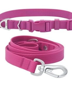 Frisco Outdoor Solid Textured Waterproof Stink Proof PVC Collar, Boysenberry Purple, Small - Neck: 10½14-in, Width: 5/8-in + Dog Leash, Boysenberry Purple, Small - Length: 6-ft, Width: 5/8-in